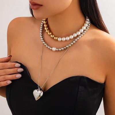 Heart-Shaped Pendant Necklace & French Elegant Pearl Beaded Necklace Set