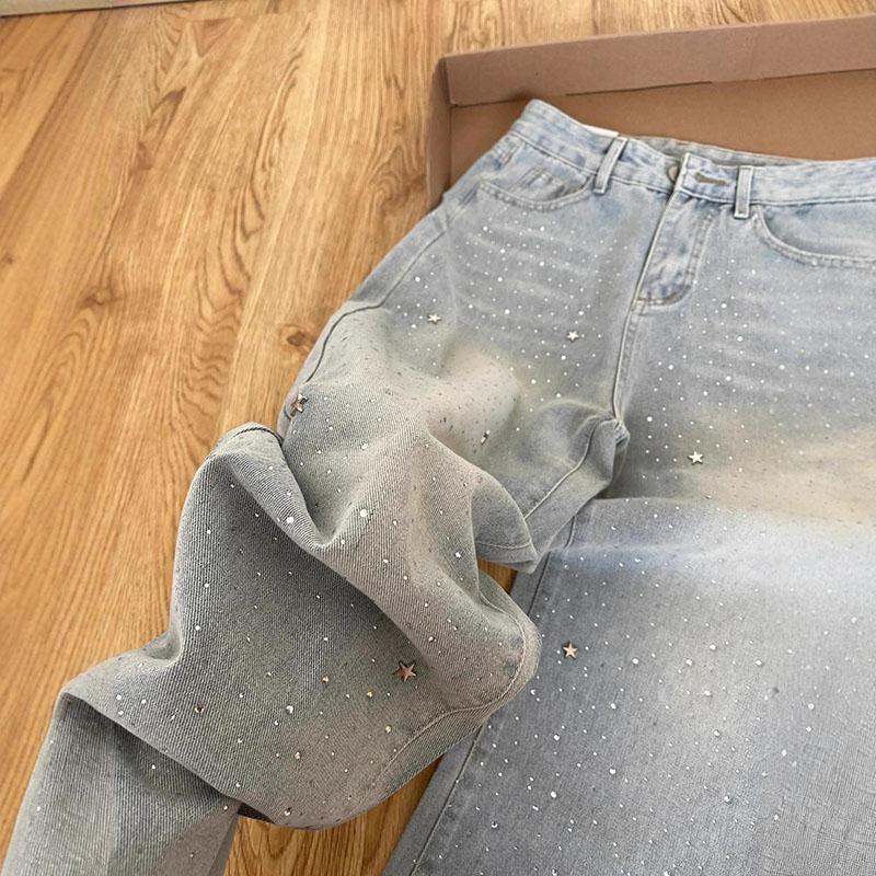 STREETRICH New Design Light Blue Beaded Straight Denim Pants for Women High Waist Slimming Wide Leg Long Pants