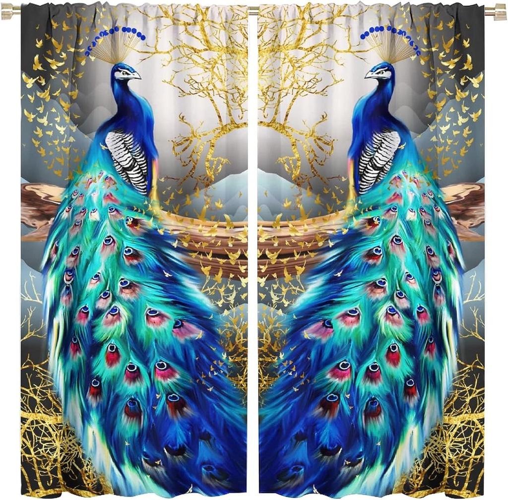 2pcs Golden Peacock Printed Polyester Fiber Chinese Style Curtains, Suitable For Bedroom Office Kitchen Living Room Study Hoom