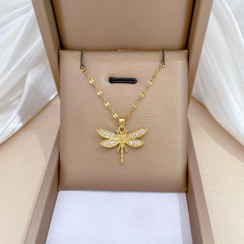 Full Diamond Dragonfly Light Luxury Temperament Gorgeous Full Diamond Necklace Female Versatile Collarbone Chain Titanium Steel Chain