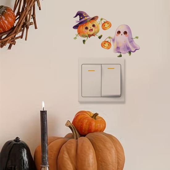 Seasonal Wall Decals Halloween Pumpkin Ghost Switch Sticker, Cartoon Light Self-Adhesive Panel Stickers Decoration Decal for Living Room Bedroom