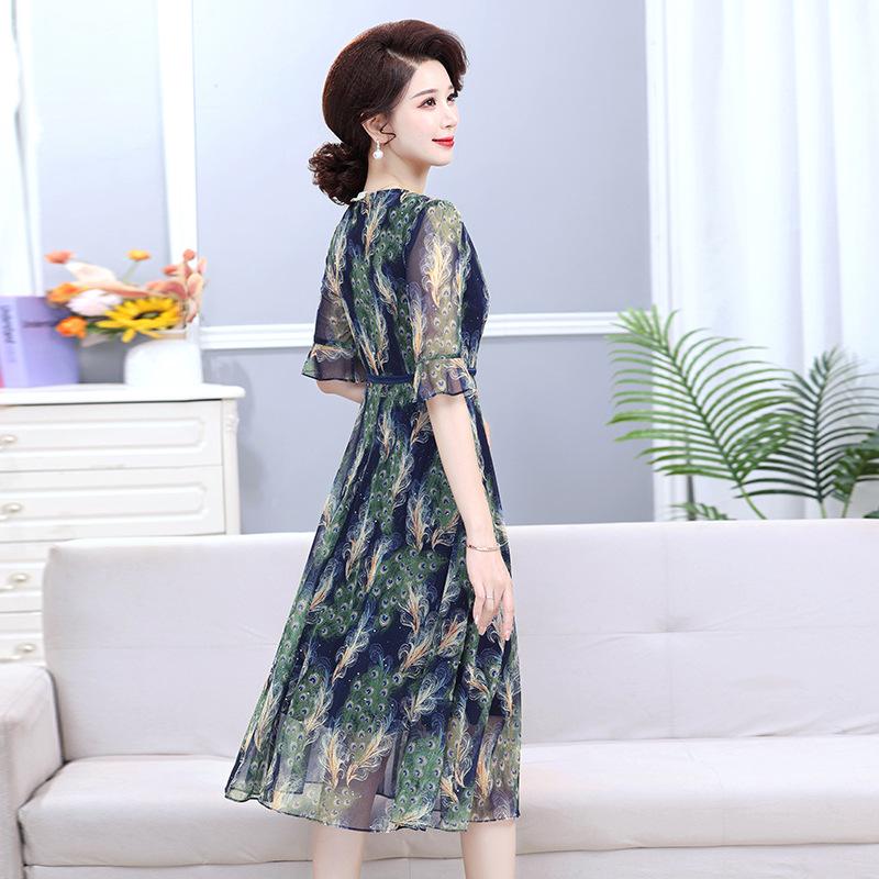 Elegant Chiffon Floral Print Summer Dress for Women 40+