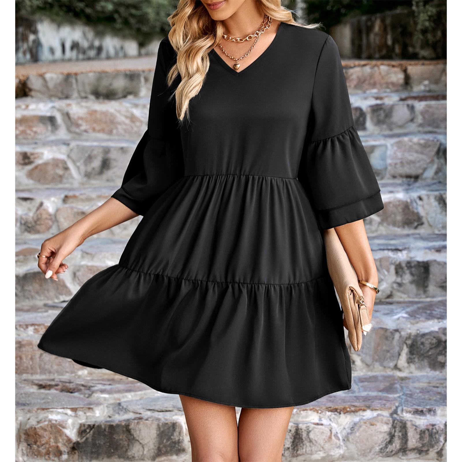 

Женское Модное Летнее Однотонное Платье с V-образным Вырезом, Свободным Кроем и Короткими Рукавами XL чёрный