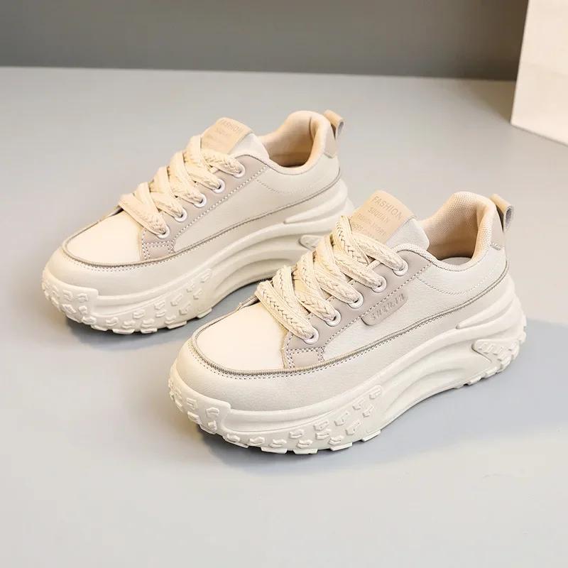 2025 New Model Shoes for Women Platform Adds Height Vulcanized Ladies Shoes Anti-slip Wear-resistant Leather Casual Sports Shoes