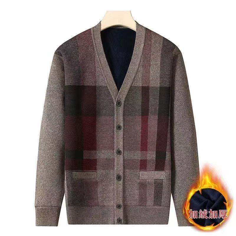 Middle-aged Elderly Autumn Winter Tops Velvet Thickened Warm Coat Sweater Men's Knitted Cardigan Knitted
