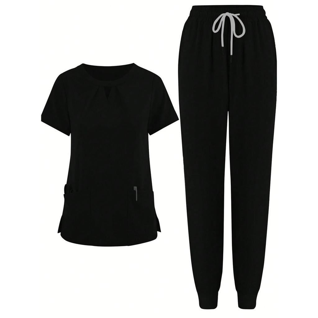 Short Sleeved Solid Color Round Neck Pocket Top Pants Work Clothes Two-Piece Set