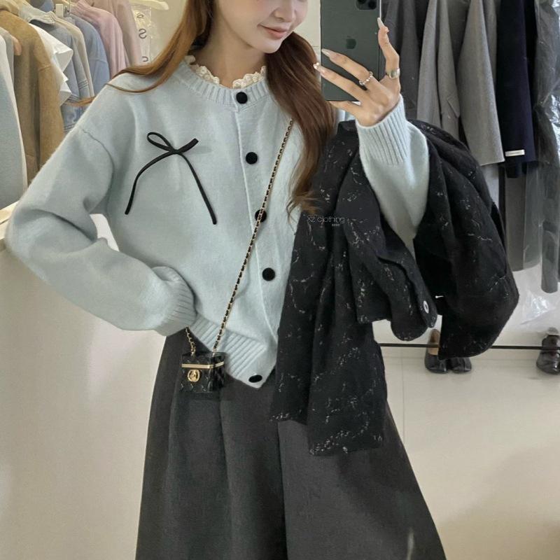 

Korean Lace Round Neck Knit Cardigan with Bow - Women s Early Autumn Top One Size [85-125 cm] синий