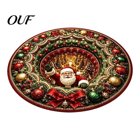 Christmas Party Supplies 3D Round Rug, Optical Illusion Area Santa Claus Deep Hole Floor Mat Prints, Non-slip Welcome Rug for Entrance Living