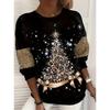 Oberteile für Damen Weihnachtsmuster Rundhals Langarm-T-Shirt Herbst Lässig Enganliegender Pullover Damen Langarm-Oberteil