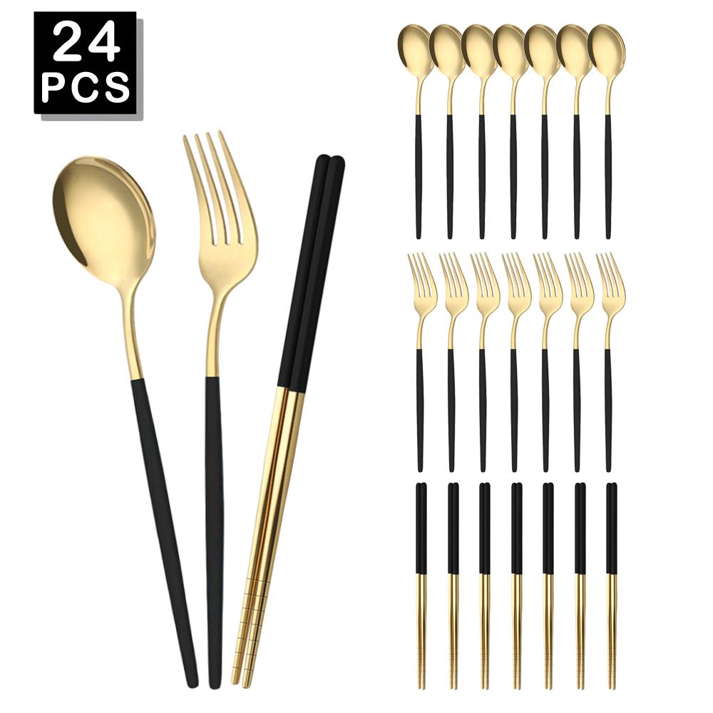 Golden Korean Tableware Set 24Pcs Luxury Cutlery Set Stainless Steel Dinnerware Fork Spoon Chopsticks Flatware Set