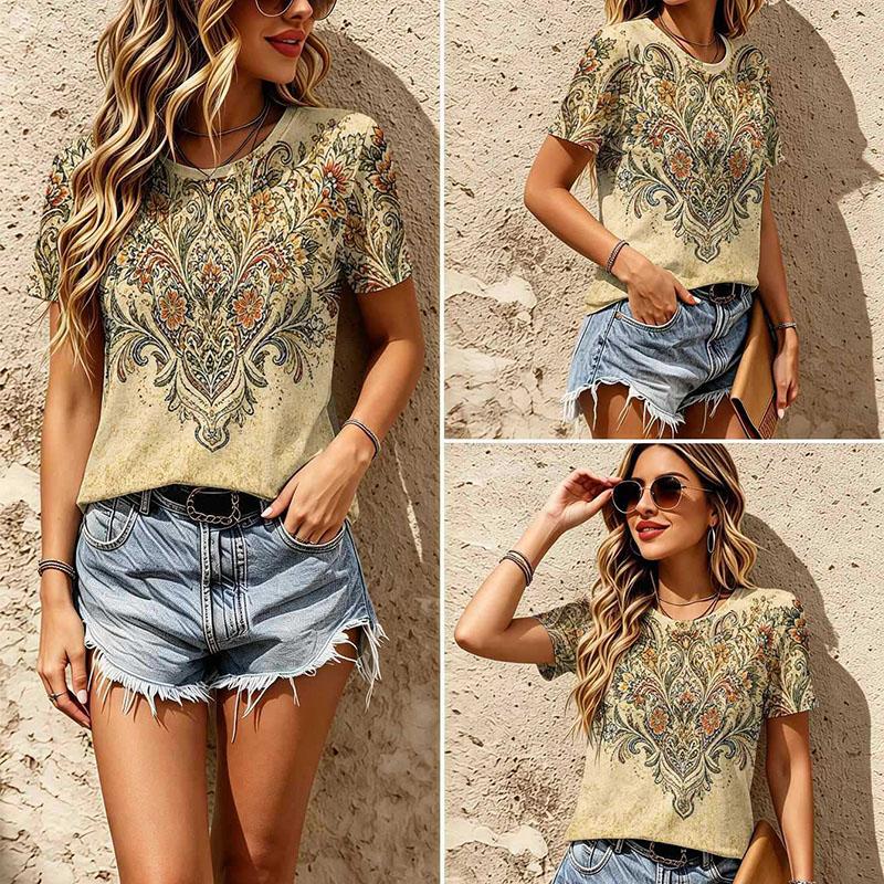 Vintage Ethnic Floral Print Tee Crew Neck Distressed Boho Casual Short Sleeve Pullover T Shirt Top