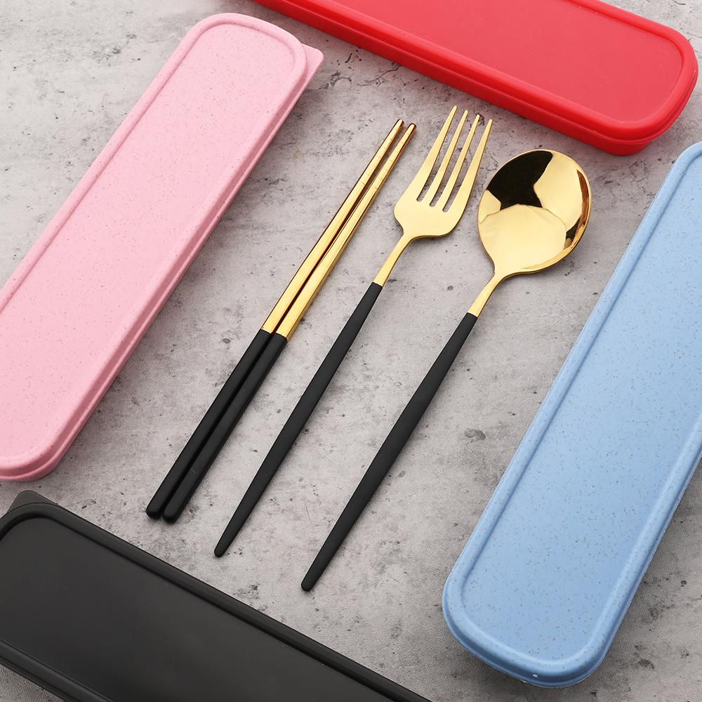 Gold Geschirr Set Reise Camping Besteck Gabel Löffel Stäbchen Set Geschirr Mit Tragbare Box Edelstahl Besteck Set
