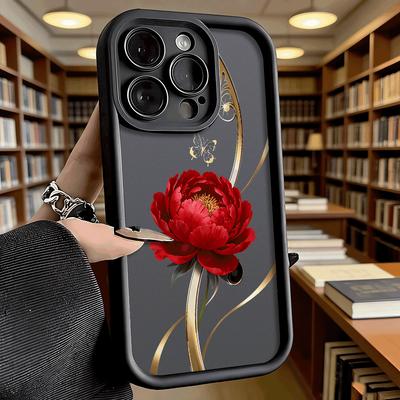 Red Peony Golden Swirls Luxury Anti-Slip TPU Phone Case For Xiaomi Redmi Note 15 14 13 12 11 10 9 Pro Full Protective Cover