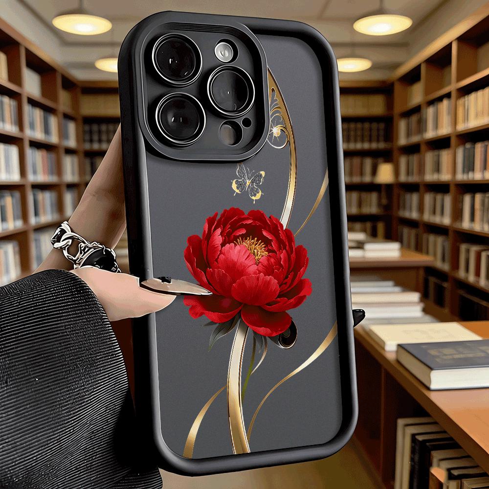 Red Peony Golden Swirls Luxury Anti-Slip TPU Phone Case For Xiaomi Redmi Note 15 14 13 12 11 10 9 Pro Full Protective Cover