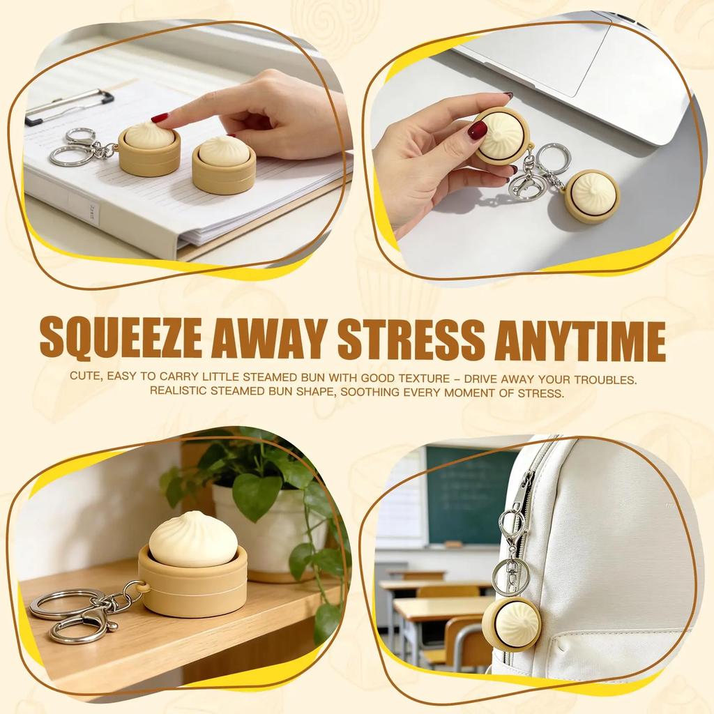 Mini Steamed Bun Stress Relief Keychain Soft Slow Rebound Kneading Decompression Bun Clicker Keychain With Keyring Office Decompressing