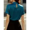 Women's Elegant Satin Blouse Twist Stand Collar Cutout Design Short Sleeve Office Top