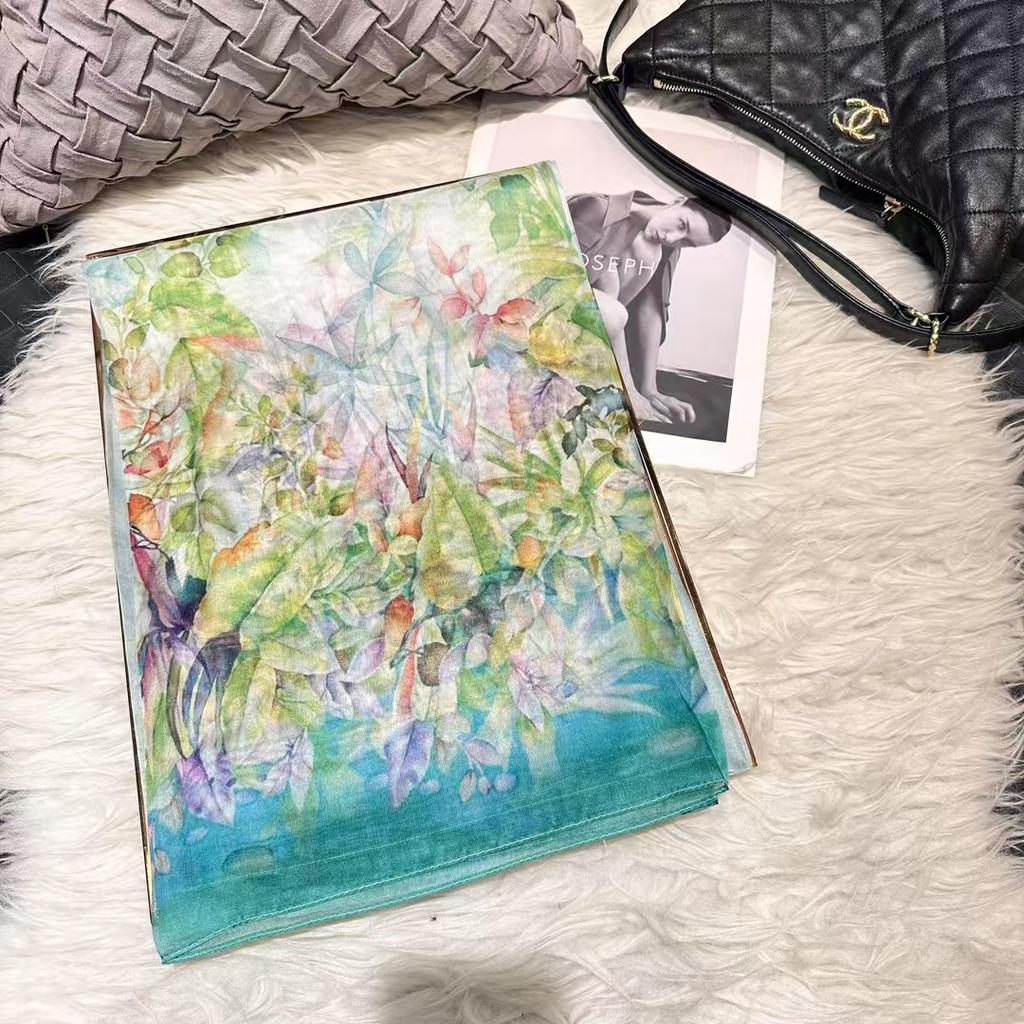 Blue Green 100% Silk Shawl Scarf Women Fashion New Floral Design Long Scarves Wraps Summer Chiffon Beach Scarf Wrap 180*110Cm