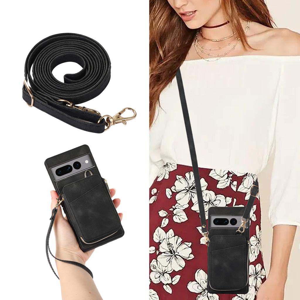 Zipper Crossbody Leather Wallet Necklace Lanyard Cards Solt Case For Google Pixel 7 Pro 7A 6A Bag Coin Purse Hand Strap Cover