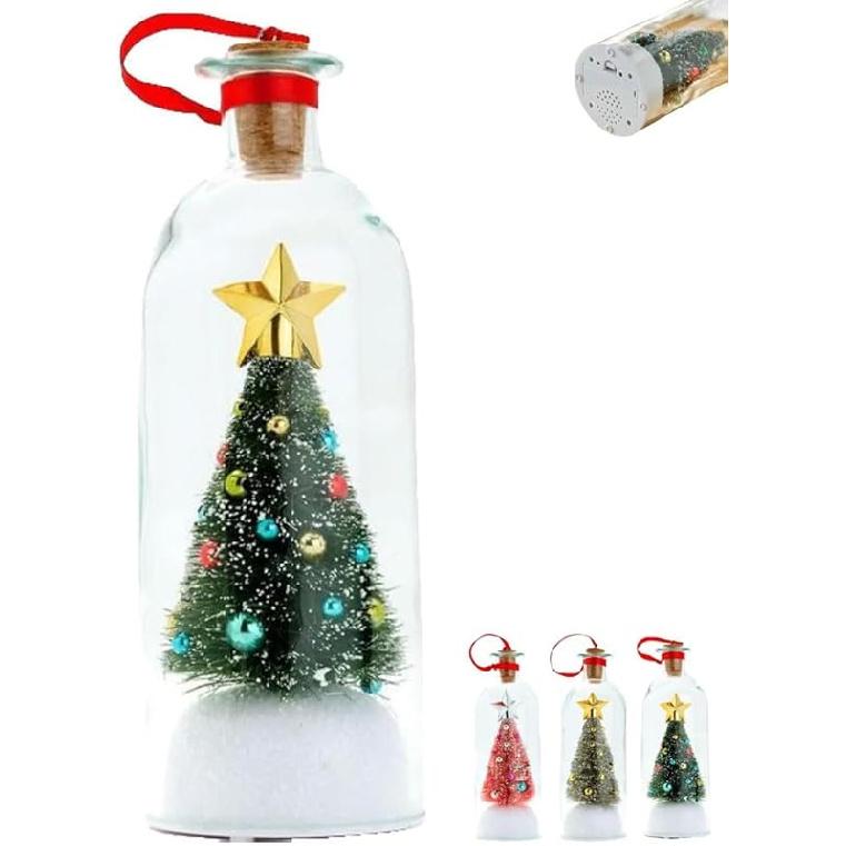 Christmas Tree Message in a Bottle, Recordable Christmas Tree Voice Message Bottle Ornament with Playback Cork, Snowy Scene in Nostalgic Bottle for #B