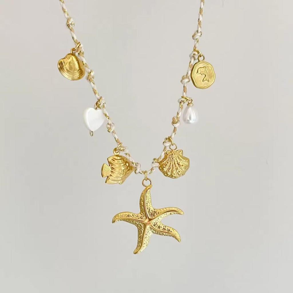 Summer Sea Breeze Starfish & Seashell Heart Pendant Rope Necklace