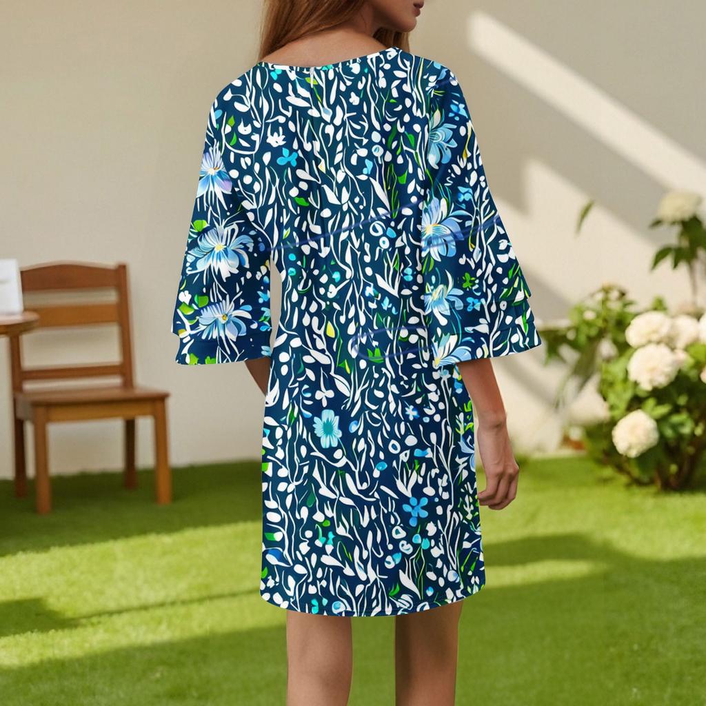 Women's Fashion Casual Round Neck Three-quarter Sleeve Midi Dress