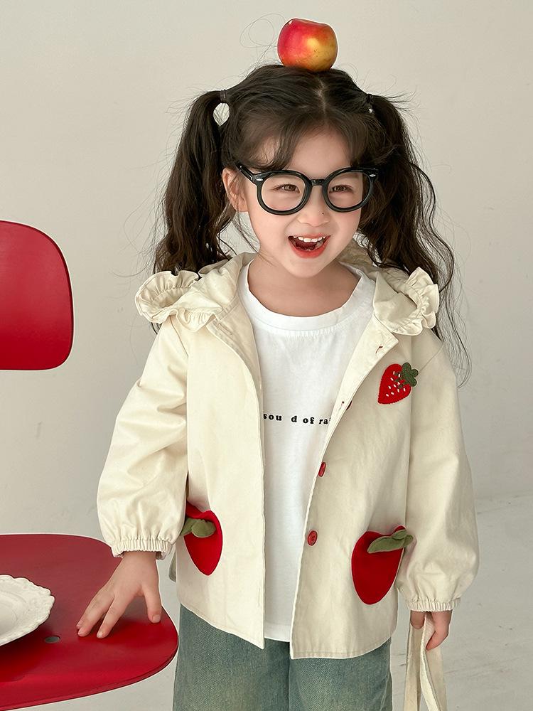 Girls' Ruffle-Trim Hooded Windbreaker - Strawberry Spring/Autumn Jacket