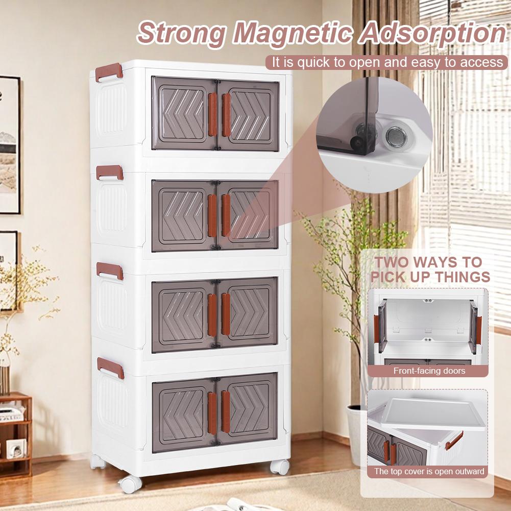 4 Tier Stackable Storage Bins with Doors & Wheels Foldable Organization Storage Drawer for Living Room Bedroom Office