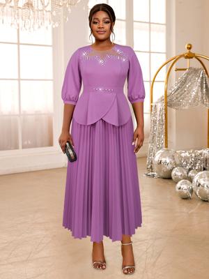 Purple Midi Dresses Women O Neck Beaded Half Sleeve Empire A Line Casual Evening Cocktail Pleated Gowns