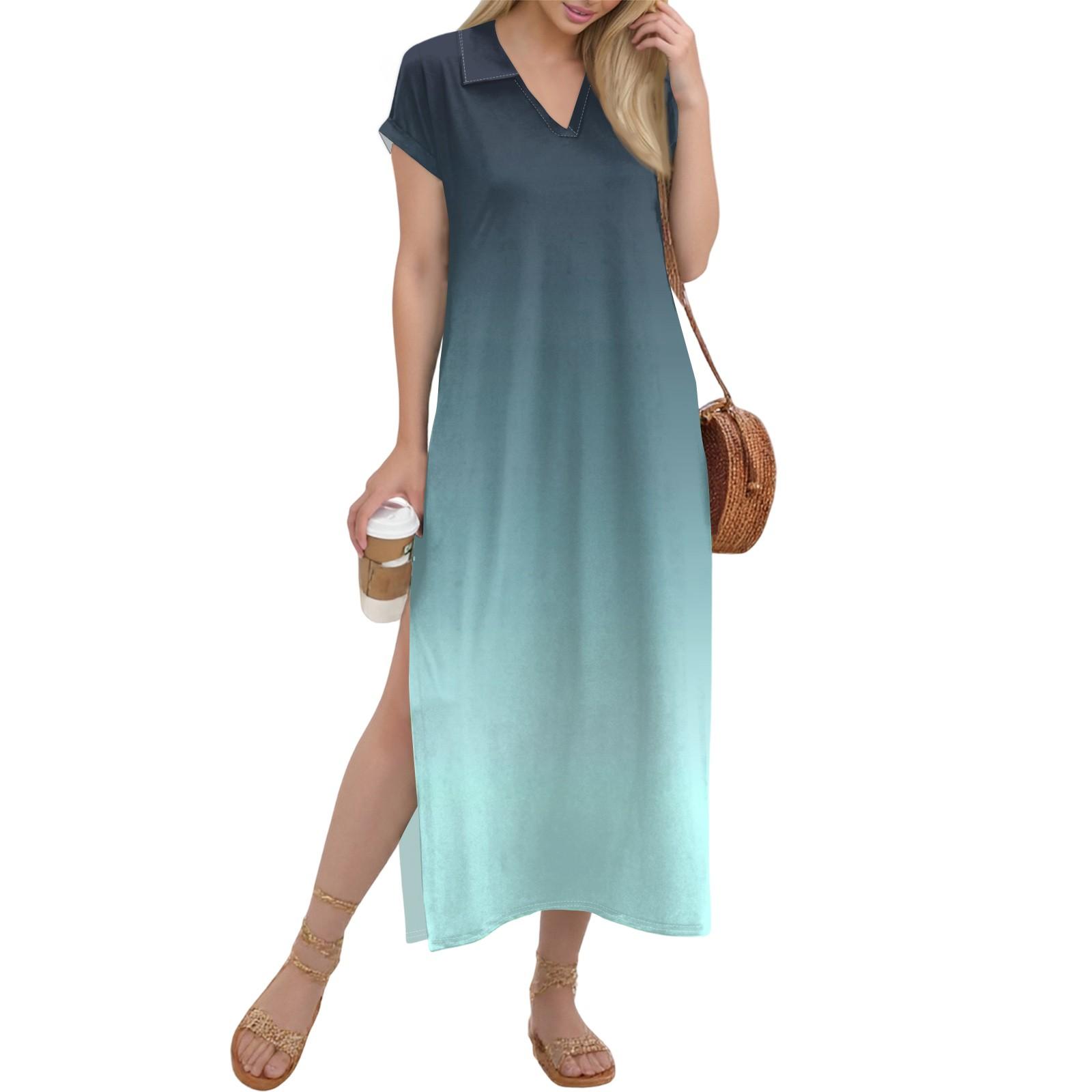 

Женское длинное платье-рубашка с V-образным вырезом, повседневное, с коротким рукавом и свободным разрезом M красный