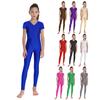 Mädchen Gymnastik Tanz Jumpsuit Raffung vorne V-Ausschnitt Kurze Ärmel Hinten Verdeckter Reißverschluss Ganzkörper-Leotard für Eiskunstlauf Ballett