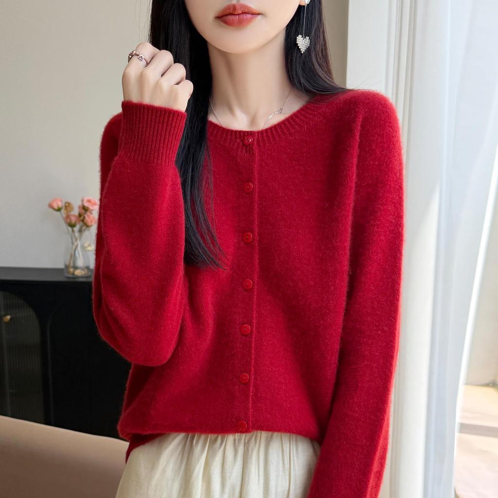 Autumn/Winter Pure Wool Seven-Stitch Crew Neck Cardigan - Thick, Long Sleeve, Solid Color, Skin-Friendly Knit Sweater