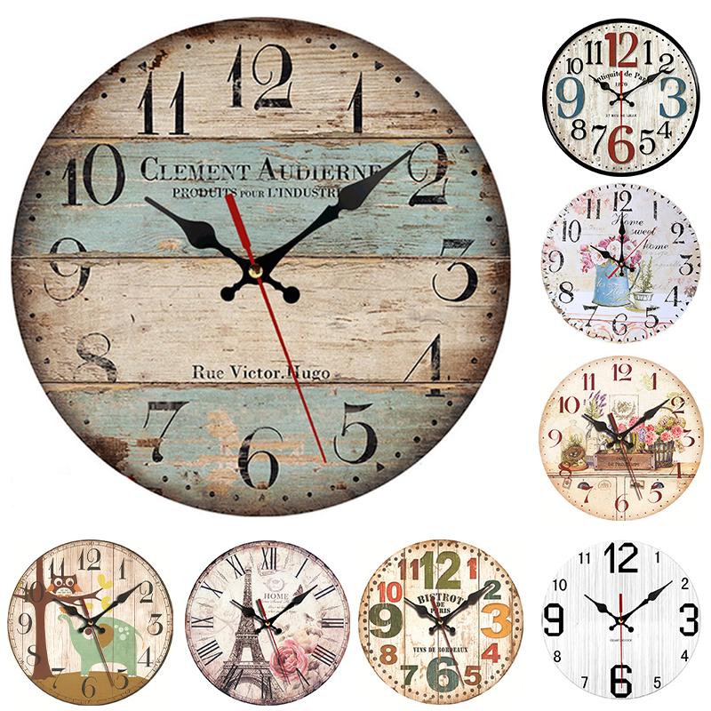 30CM Silent Wall Clock,Vintage Pattern Wooden Cardboard Wall Clock, European Retro Clock for Chic Home Office Cafe Decor