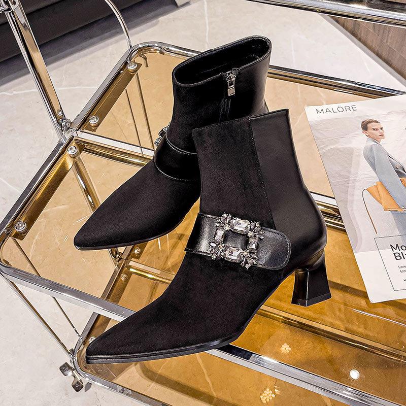 Pointed high-heeled short boots 2024 autumn and winter new side zipper thick heel thin boots French rhinestone buckle medium women's boots
