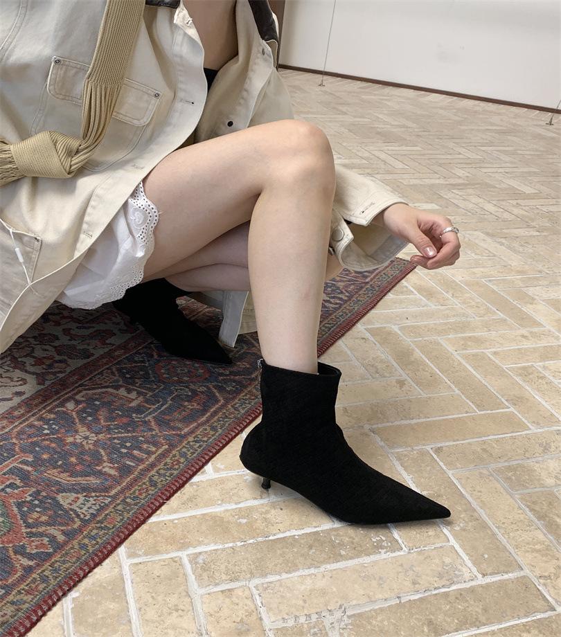 British style woven pointed toe thin heel fashion boots bare boots 2025 autumn and winter new thin versatile short boots women's and ankle boots