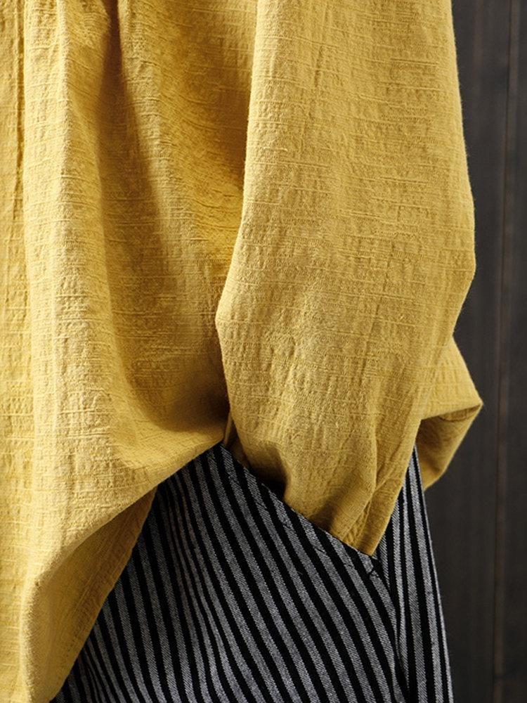 Women Loose Fit Long Sleeve Cotton Linen Shirt Round Neck Pleated Large Size