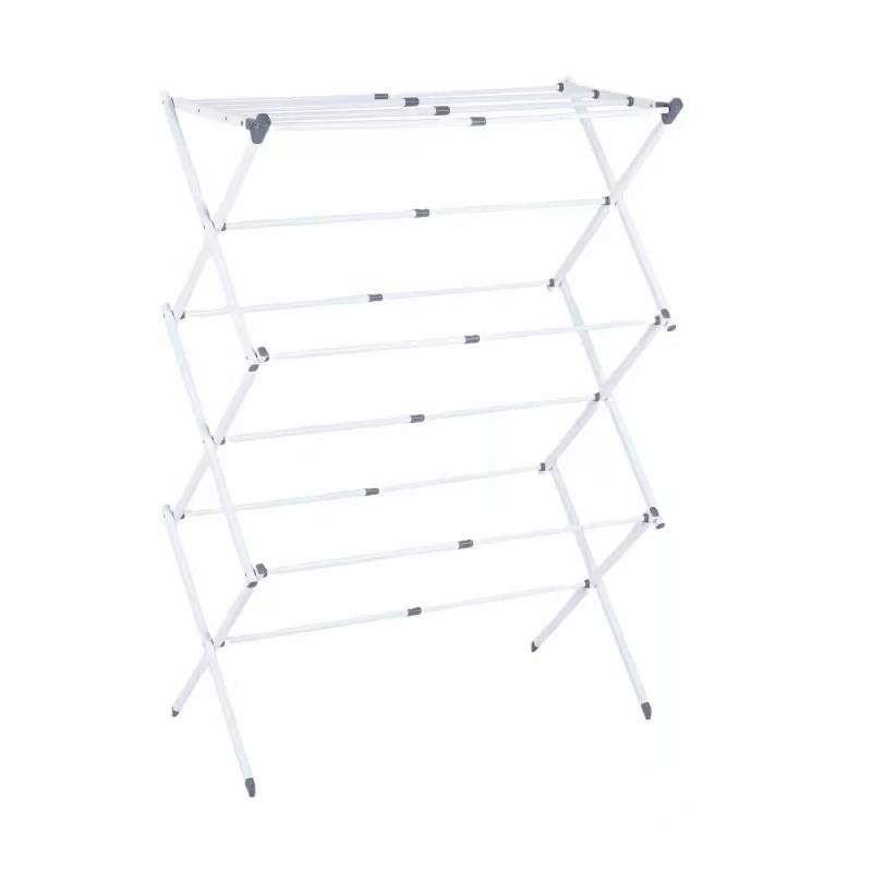Portable Folding Clothes Drying Rack Balcony Indoor Use Adjustable Width 3-Tier X-Shape Iron Stand
