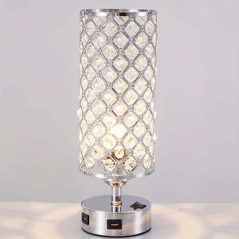 Nachttischlampe aus Kristallglas mit USB-Anschlüssen und Glühbirne – elegante Nachttischlampe für Schlafzimmer oder Büro – inklusive Glühbirne