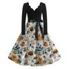 Women's Casual V-Neck Long Sleeve Halloween Print Vintage Dress for Halloween Party