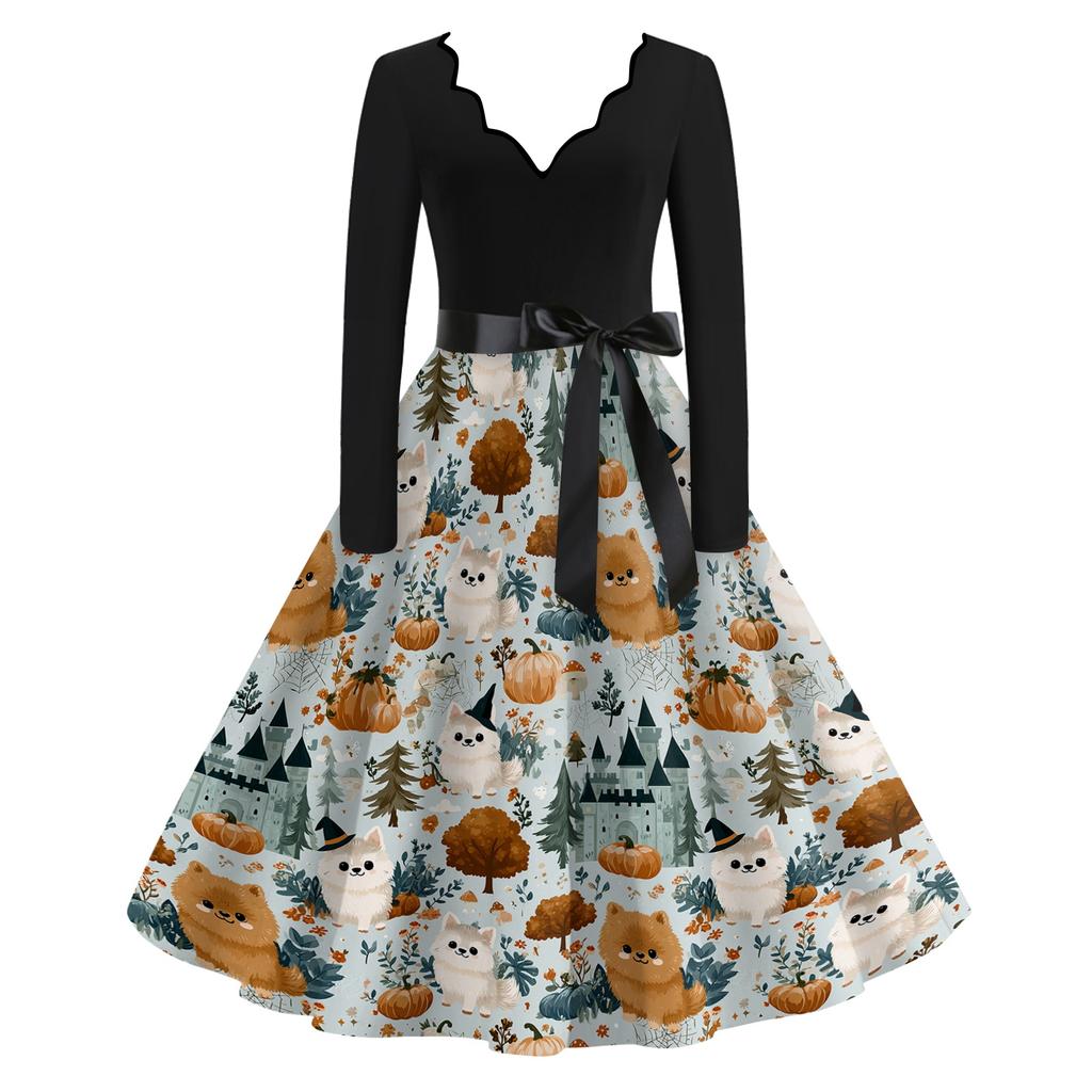 Women's Casual V-Neck Long Sleeve Halloween Print Vintage Dress for Halloween Party