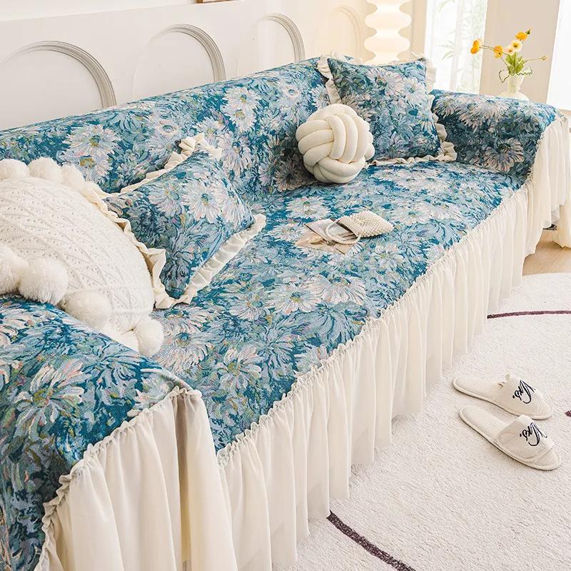Pastoral Style Cotton And Linen Sofa Blanket Small Flowers Sofa Cover With Skirts Anti-Slip Sofas Towel Beds Blankets Funda Sofa