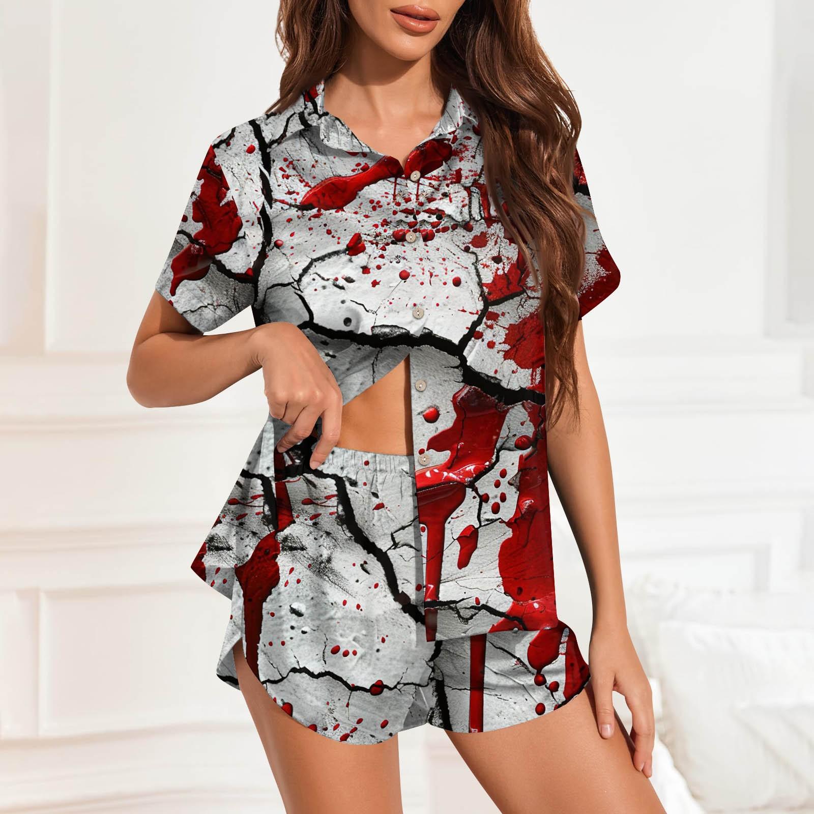 

Женская пижама из шелка Ice Silk с пуговицами, домашняя одежда, атласный пижамный комплект с короткими рукавами и принтом на Хэллоуин L белый