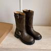 5.5CM Platform Combat Boots Women British Style Round Toe Chunky Heel Mid-Calf With Buckle Fall Winter