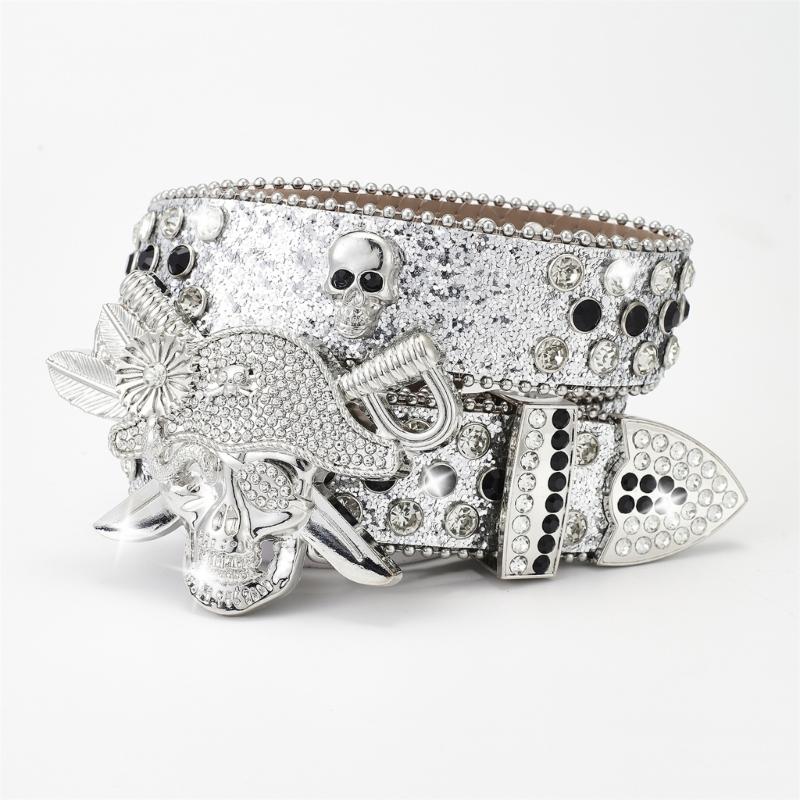 Rhinestones Skull Buckle Belt for Women Men Sequined Hiphop Belt for Pants Jeans Popular Rockers Belt Waist Accessories