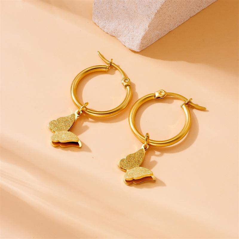 

Gold Plated Stainless Steel Frosted Butterfly Hoop Earrings for Women золотий