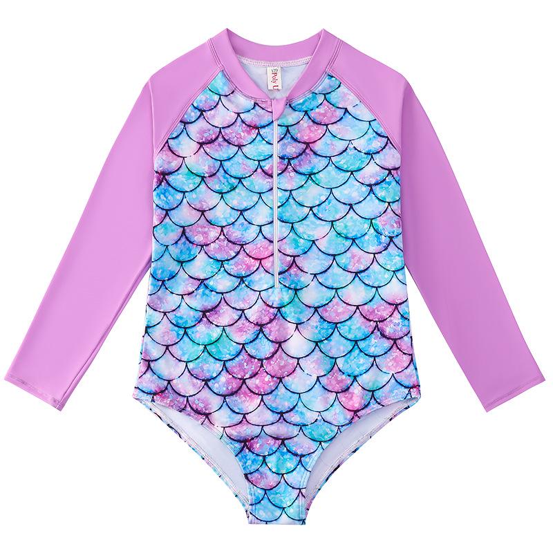 Girls' Long-Sleeve Mermaid One-Piece Swimsuit - Quick-Dry, Sun Protection