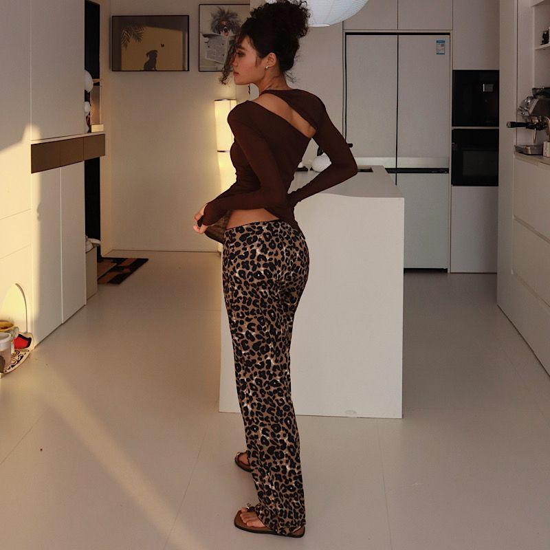 Akiyo Studio Western Style Gyaru Leopard Print Straight Casual Trousers Fashionable Low Waist Lace Draping Effect Trousers