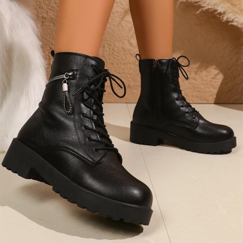 Platform Block Heel Cotton Boots Winter New Round Toe Front Lace-Up Side Zipper Anti-Slip Wear-Resistant Short-Tube Boots