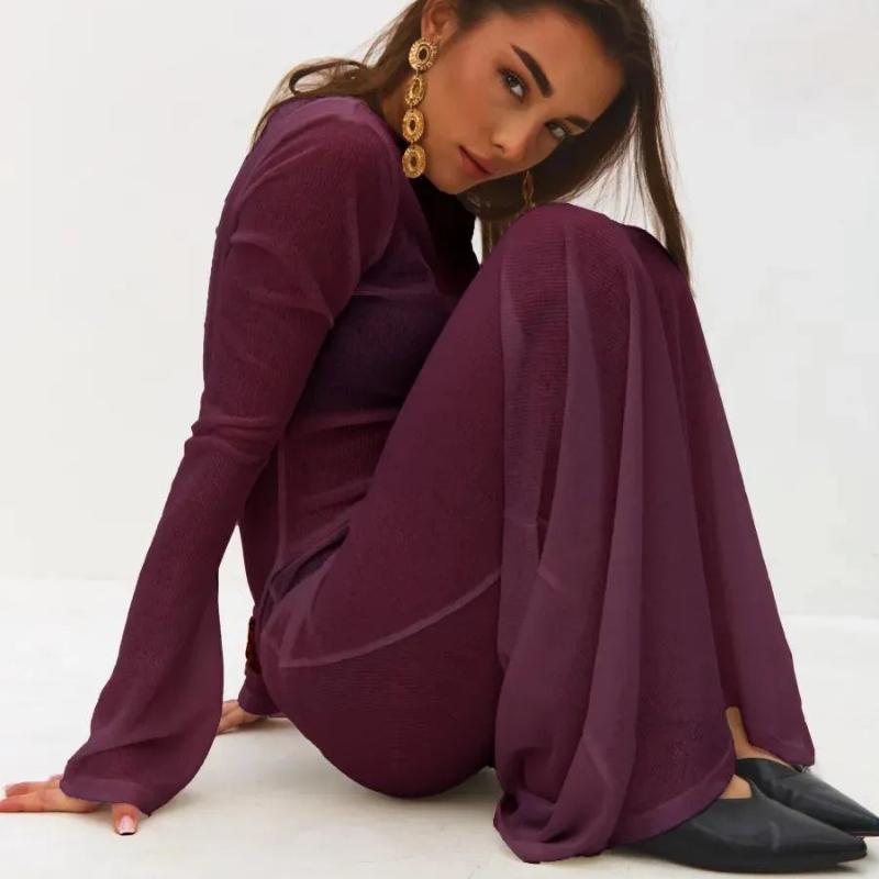 

Женское вязаное перспективное вязаное платье с длинным рукавом, круглым вырезом, однотонное, для отпуска, пляжная юбка 3587 L винный