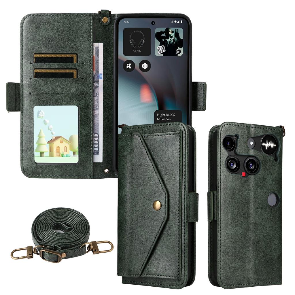 For Nothing Phone (3) 5G Leather Case Magnetic Closure Wallet Stand Phone Cover with Crossbody Strap
