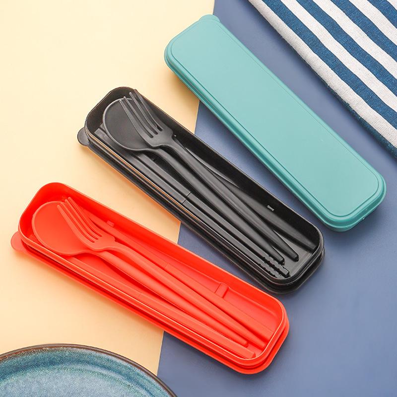Portable Knife, Fork, Spoon and Chopstick Set for Outdoor Camping. Black Wheat Straw Tableware Set of Four Pieces.